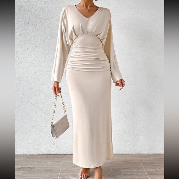 Batwing Sleeve Pleated Ruched Evening Party Dress - Picture 2 of 11